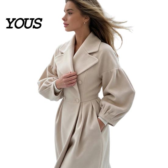 Cappotto Casual Lungo Donna Lana per Autunno Inverno, Soprabito Autunno Inverno con Maniche a Lanterna e Bavero a Tacca, Trench Doppiopetto con Tasche Abbigliamento