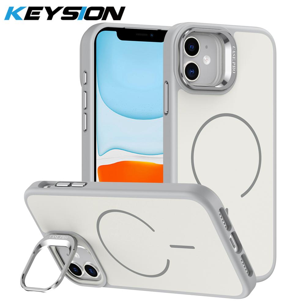 KEYSION Matte Skin Feel Lens Stand Phone Case for Magsafe for iPhone 11 12 Pro Max Magnetic Wireless Charging Shockproof Cover