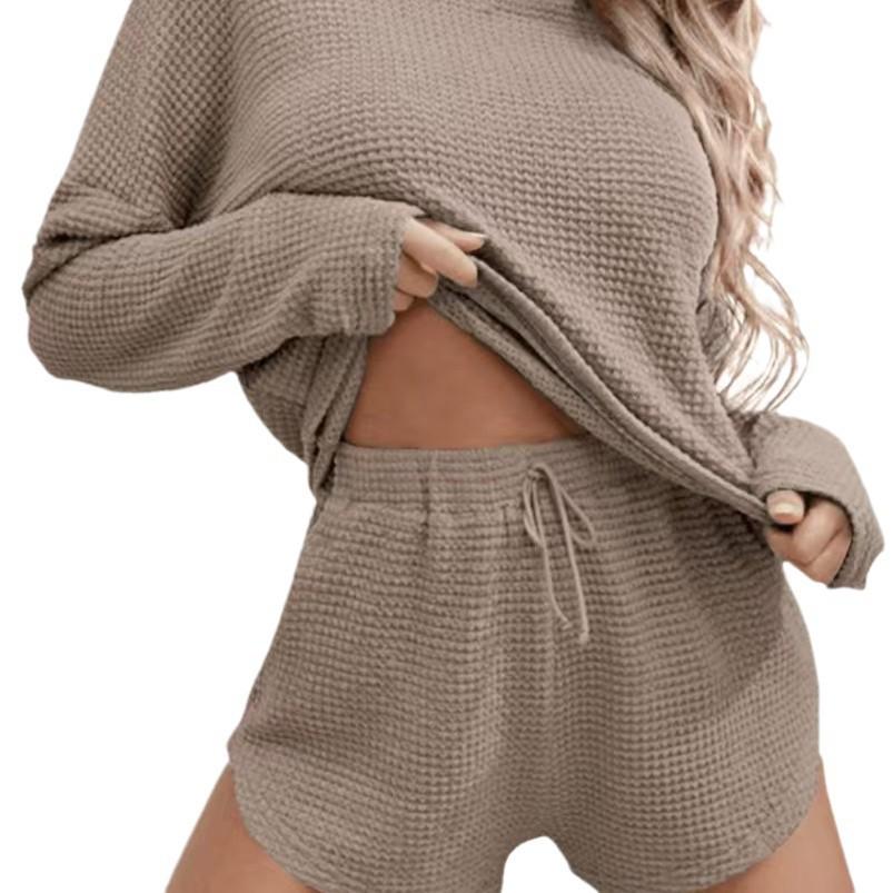 Haine de casă pentru femei europene și americane de culoare uni: Mânecă lungă, Gât rotund, Șnur