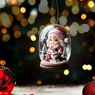 Weihnachtsschmuck 2D Flaches Acryl Hängendes Ornament Cartoon Weihnachtsmädchen Und Hund