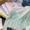 Women's Summer 2021 Thin Ice Silk Cardigan - Korean Style, V-Neck, See-Through, Long Sleeve Knit Top.