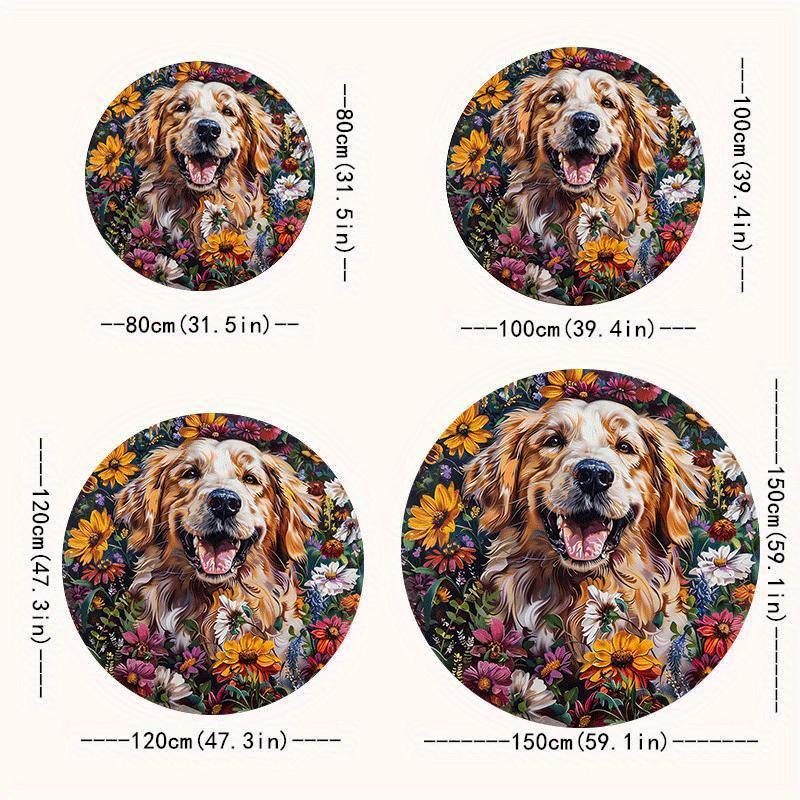 1 Stück Golden Retriever in Blumen Runde Bodenmatte - Rutschfeste Maschinenwaschbare Weiche Matte mit Lebendigem Golden Retriever Blumenmuster