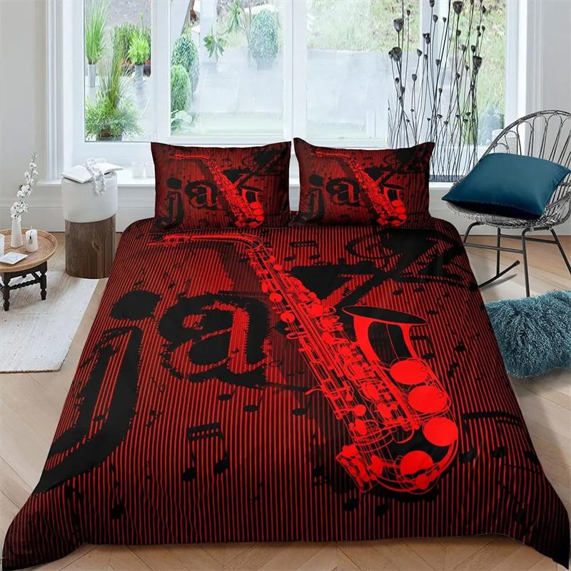Saxophone Duvet Cover Set Rotating Musical Notes Bedding Set Musical Instrument Retro Jazz Music Theme Twin Quilt Cover For Kids