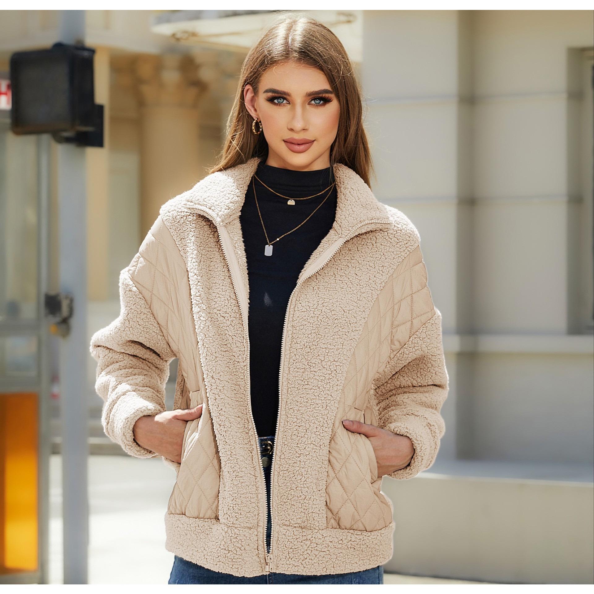 

GMXIA Мерцающий женский осенне-зимний модный кардиган с длинными рукавами на молнии плюшевое лоскутное женское пальто XXL абрикосовый