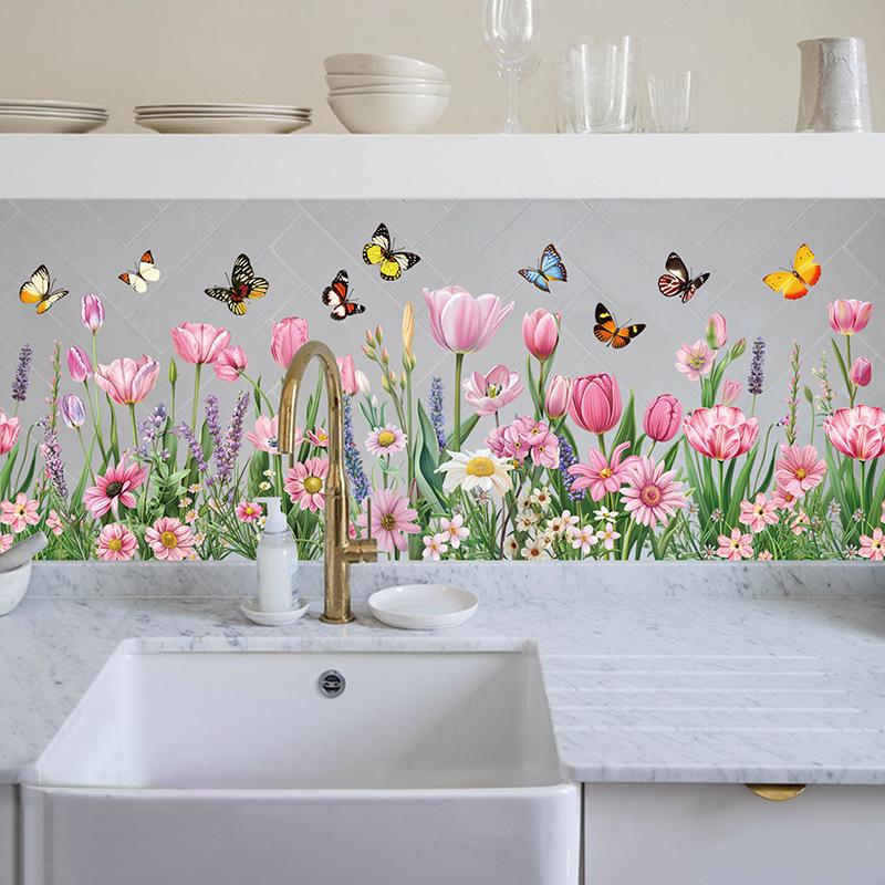 Neue Produkte, Blumen und Schmetterlinge, Küchentapete, Elektrostatische Wandaufkleber, Klebstofffrei, Innenbereich, Glasaufkleber