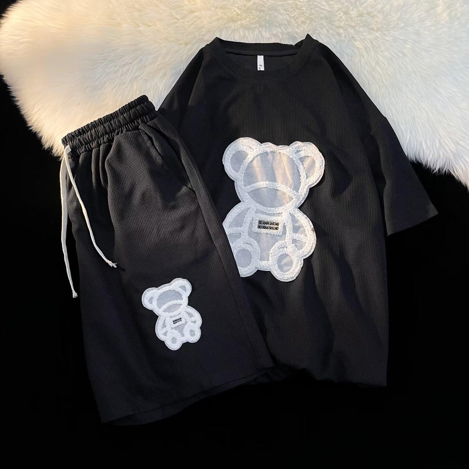 

Чоловічі шорти з принтом ведмедика з короткими рукавами: Літній тренд, вільний крой із двох частин 2XL чорний