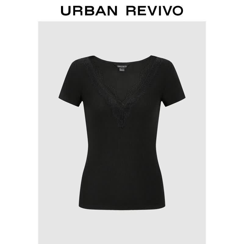 UR2026 Women s Lace Trim V-Neck Textured T-Shirt L
