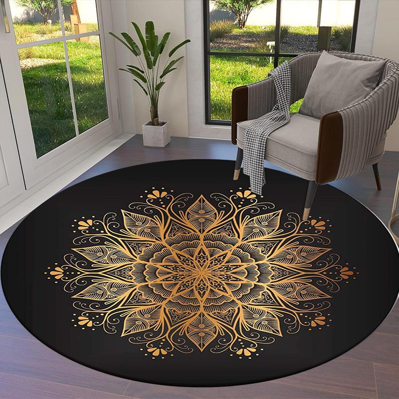 1pc Golden Mandala Design Round carpet, Made of Polyester,Perfect for Decorating Office Chairs, Living Rooms,Vibrant Decorative Rug