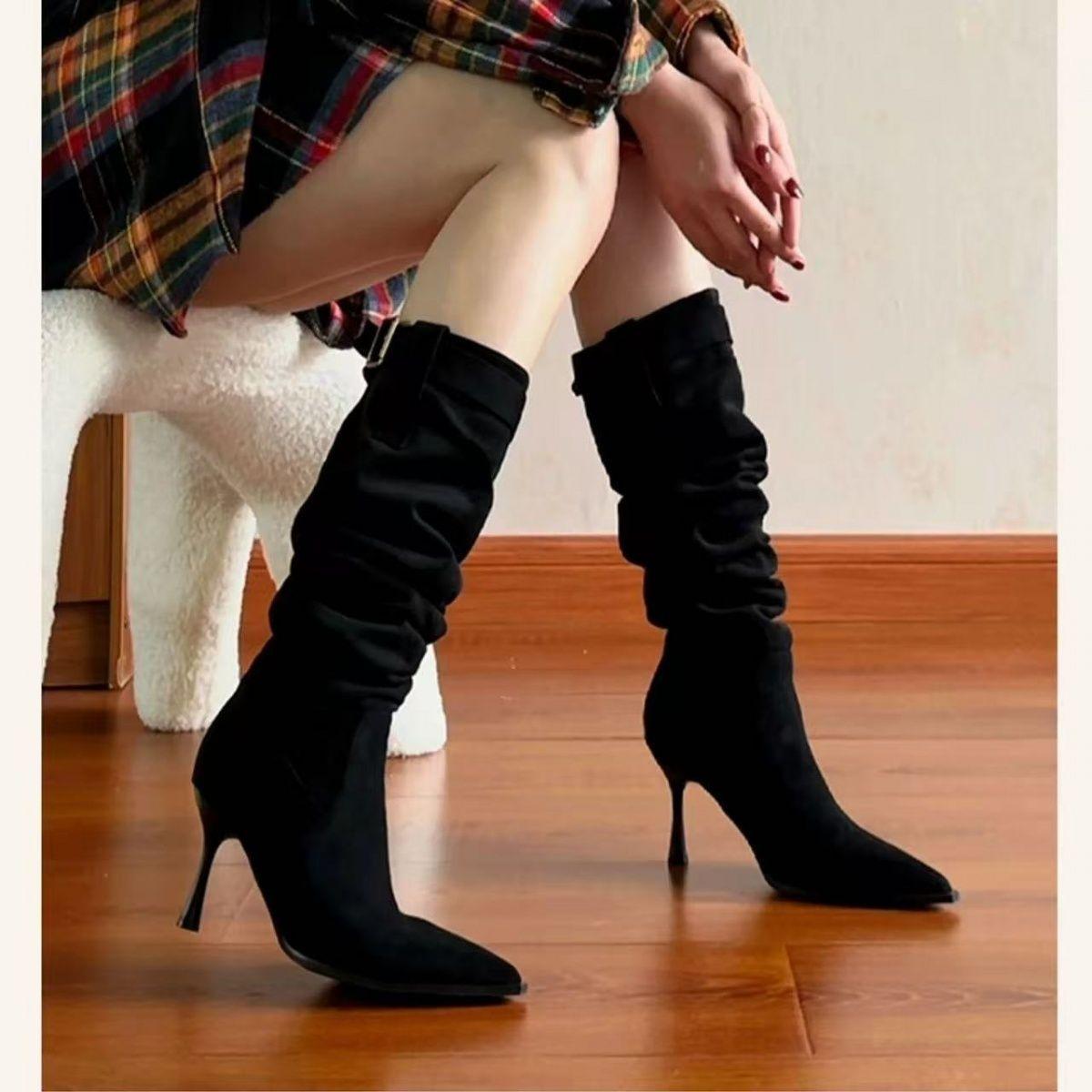 Cowboy boots women s western knee pointed high heel pile suede boots season but women s boots 35