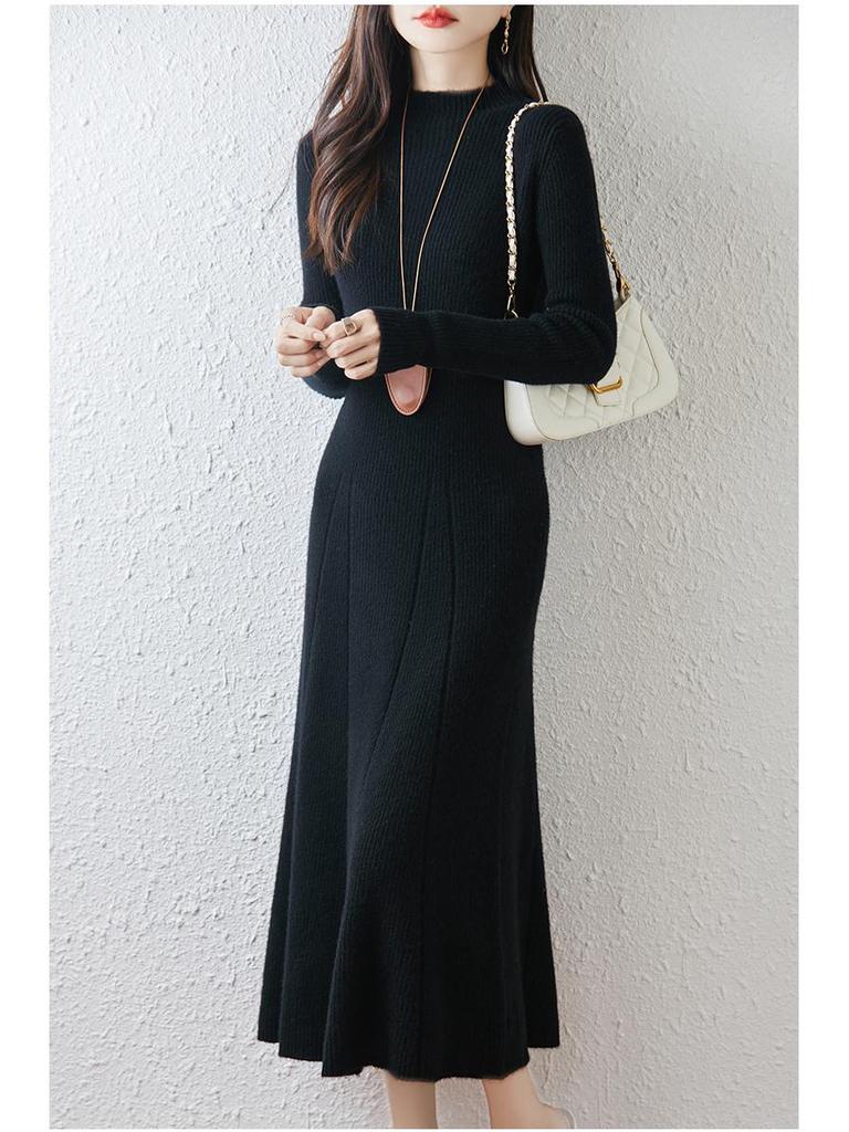 2025 H/W Damen Schlankmachendes Gestricktes Woll A-Linien Midikleid mit Halbhohem Kragen