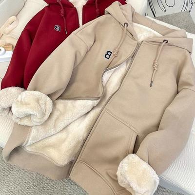Women's Autumn and Winter Thick Fleece Hooded Warm Hoodie Long Sleeved Solid Color Loose Zipper Jacket