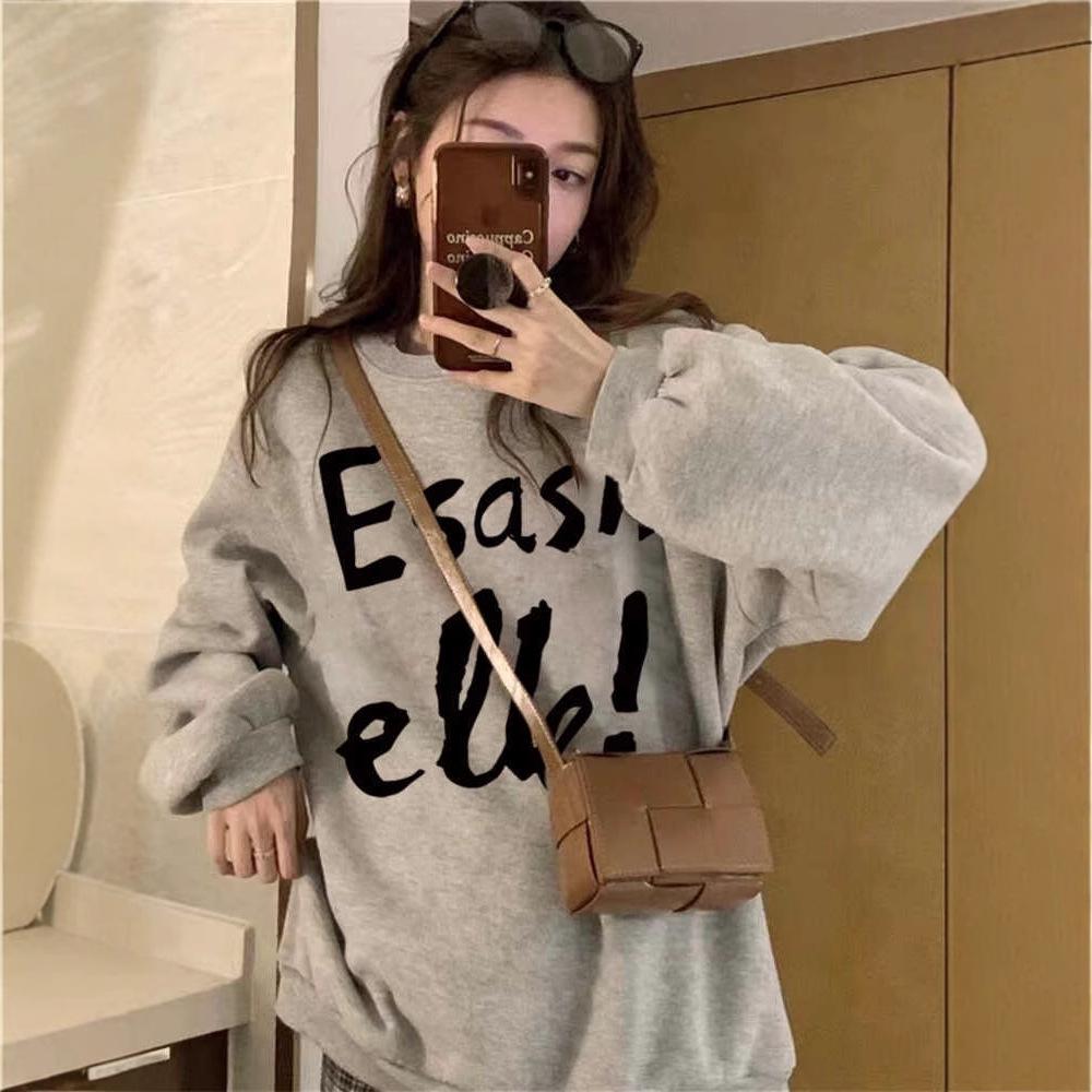 Unisex American Retro Gray Plus Velvet Sweater - Trendy Long-Sleeved Top for Spring and Autumn