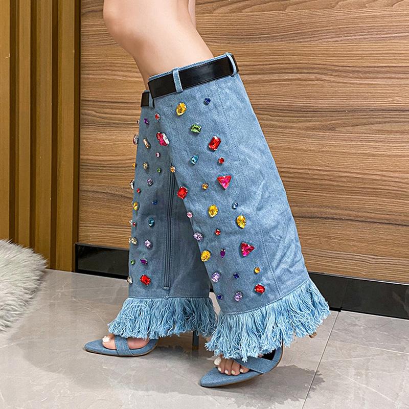 Eilyken Runway Blue Denim Crystal Thin Heels Knee High Boots Stilettos Nightclub Peep Toe Women Shoes Botas Mujer