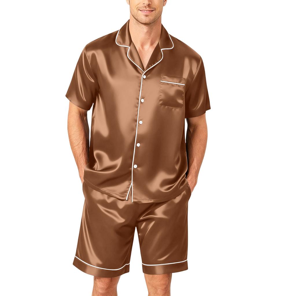 Men's Short Sleeve Button Down Pajama Set with Sleep Shorts Soft Casual Two-Piece Nightwear for Home Size S-4XL