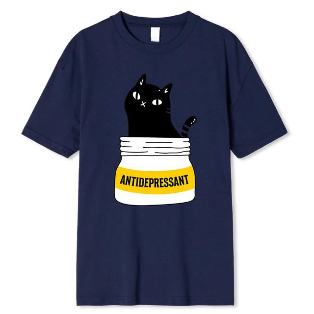 Černá kočka jí antidepresiva Vtipný potisk Dámské Unisex Tričko Módní Nadměrné tričko Vysoce kvalitní bavlněná trička Letní krátký rukáv
