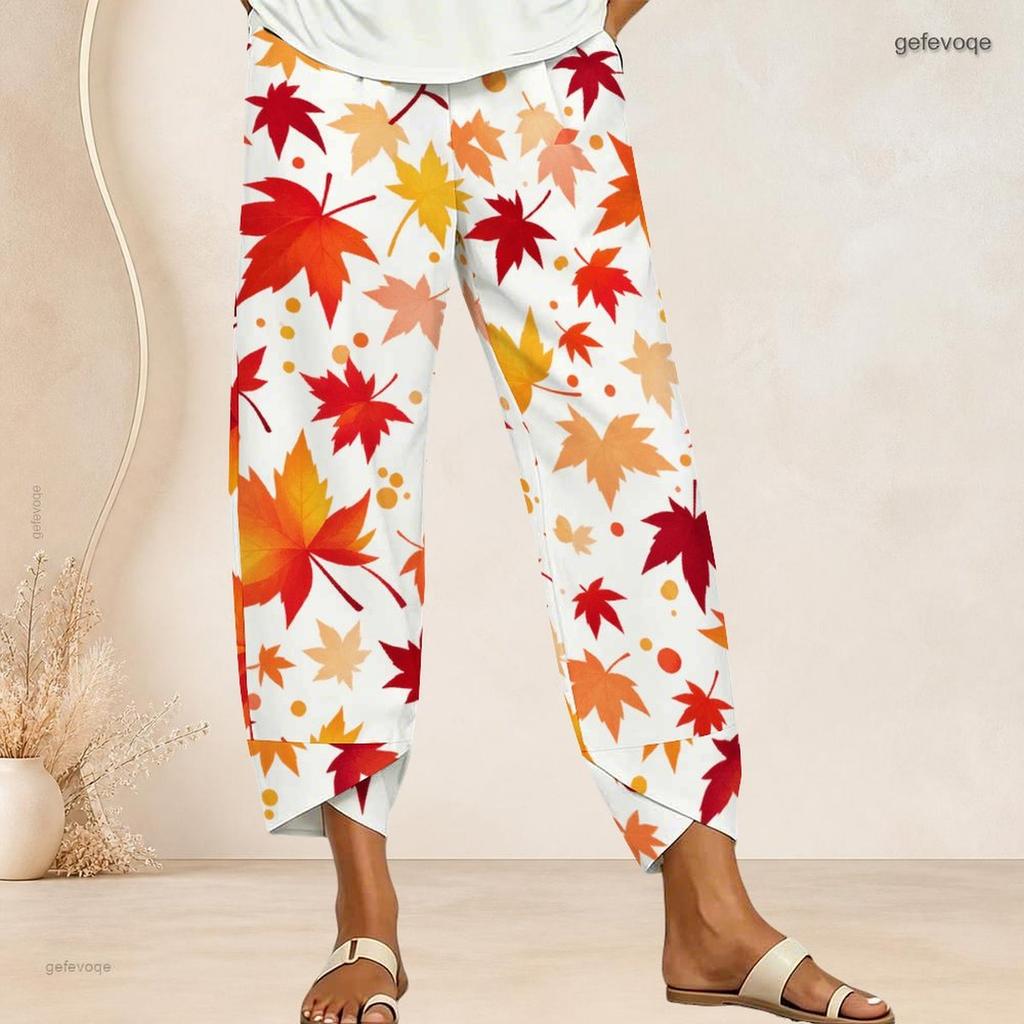 Women Plus Size Loose Fit Printed Cropped Pants Cross Hem With Pockets