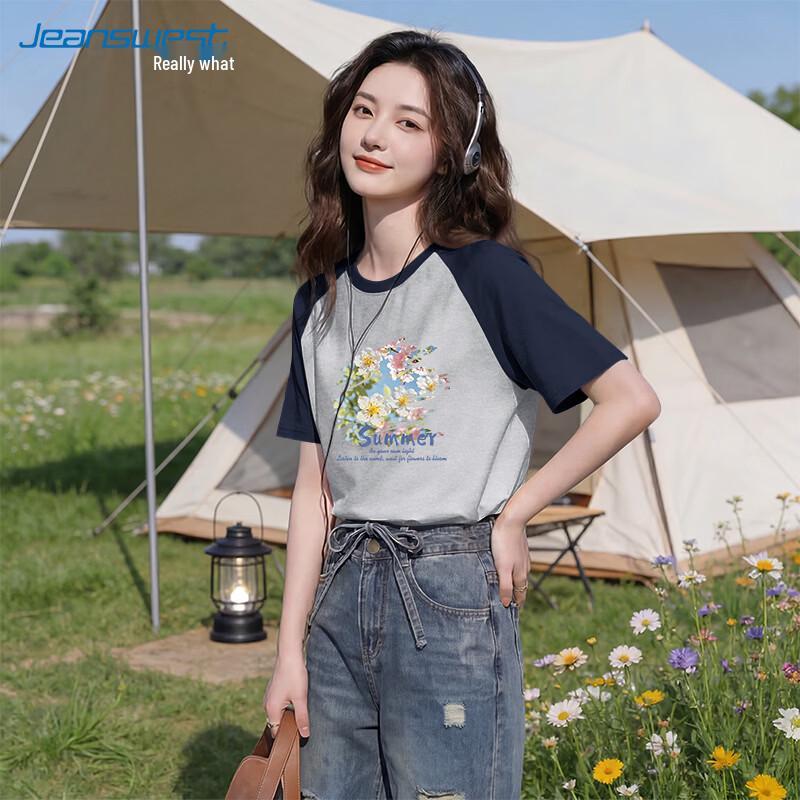 Jeanswest Women s Colorblock Raglan T-shirt with Water Cherry Blossom Print L