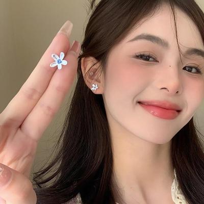Women's Silver Blue Cubic Flower Simple Earrings