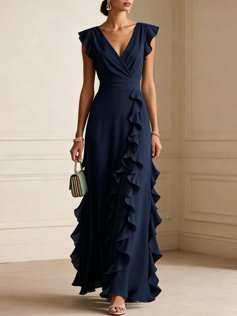 Women V Neck Sleeveless Ruffle Side Slit Maxi Dress Solid Beige