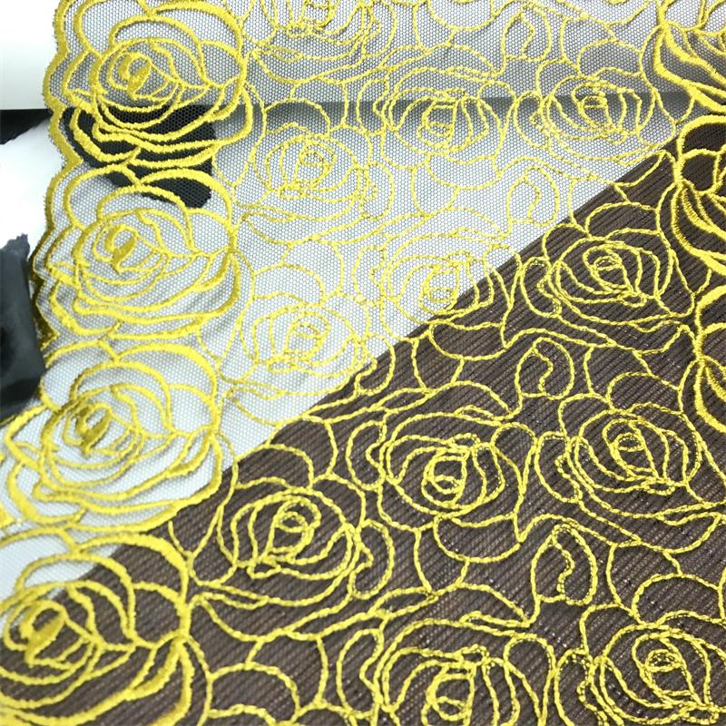 1m x 23cm Embroidery Net Lace, Golden Corded Floral Embroidery Mesh Fabric Lace for Dress, Lingerie, Bra, Underwear, Garment, DIY Sewing