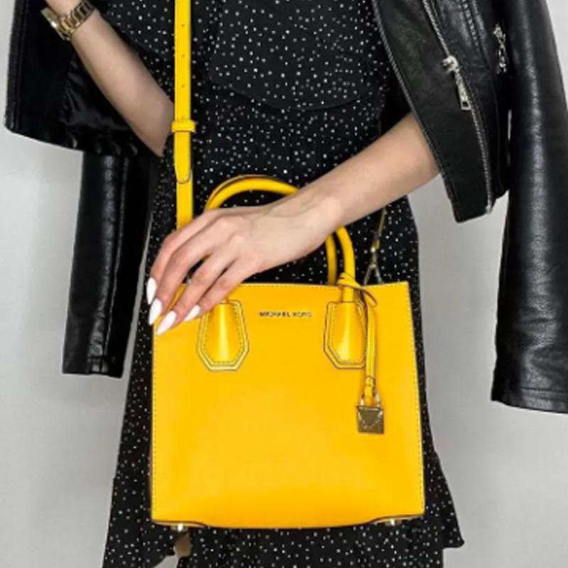 Michael Kors MK Mercer Lock Solid Color French Leather Accordion Handbag Women Handbags Lemon-Yellow 30S0GM9M6L-SUN