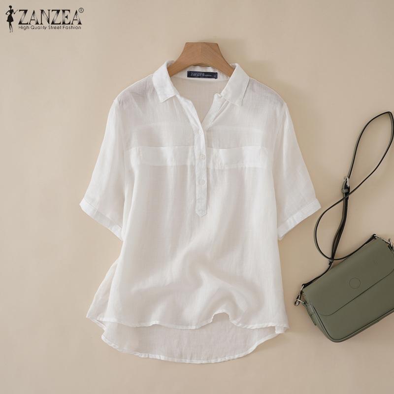 

ZANZEA Женская летняя однотонная свободная льняная хлопковая рубашка, повседневная блузка с прикрытием, топы