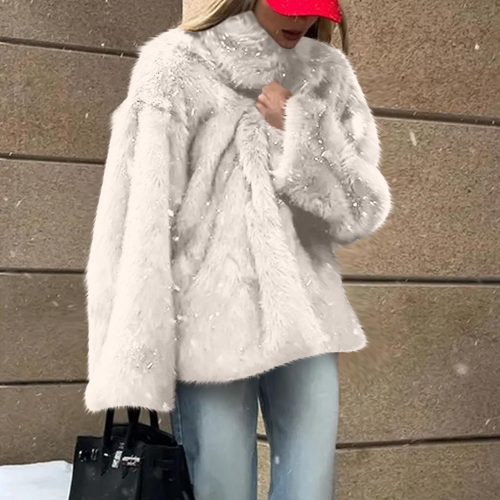 Women's Fashionable Warm Long Sleeve  Solid Color Furry Collar Coat