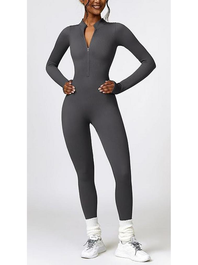Seamless Long-Sleeve Zip Jumpsuit: Slim-Fit Yoga & Sportswear
