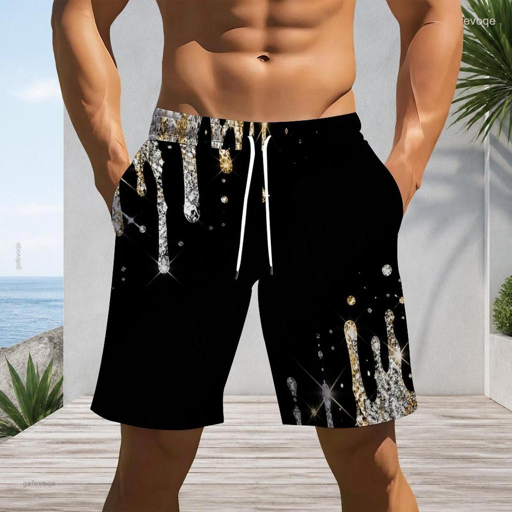 Men Plus Size Green Black Printed Beach Shorts Drawstring Waist Side Pockets Straight Leg