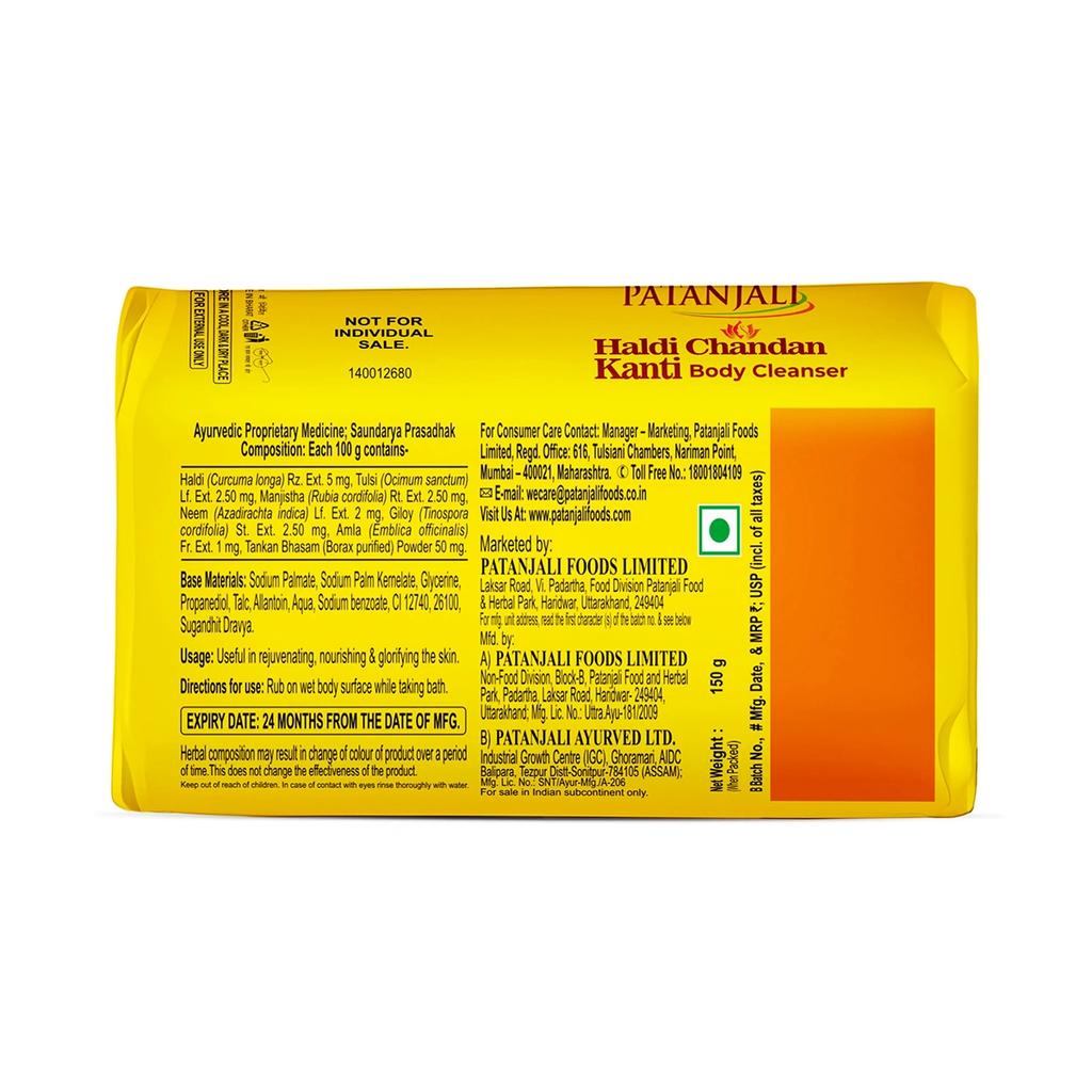 Patanjali Haldi Chandan Kanti Body Cleanser 150g Pack Of 4,With Nourishing & Hydrating Skin, 600gm