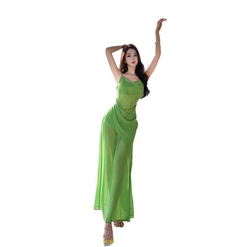 French Green Swinging Collar Suspender Dress Women's Summer Seaside Vacation Beautiful High-end Temperament Long Skirt