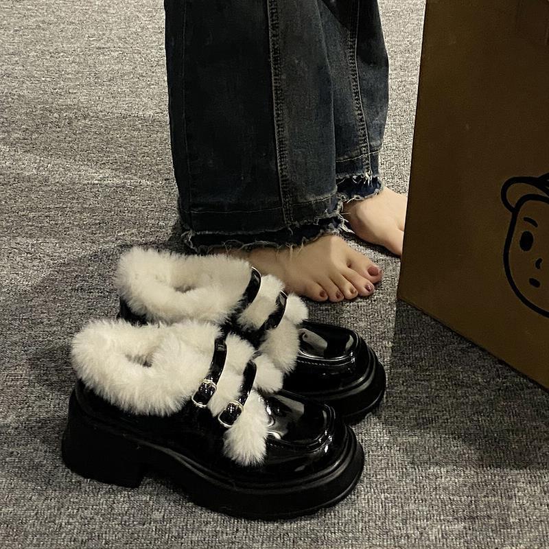 Little Leather Shoes for Women2025 New Winter Fashion Fleece Warm French High-heeled Women's Shoes,Thick-soled Loafers for Women