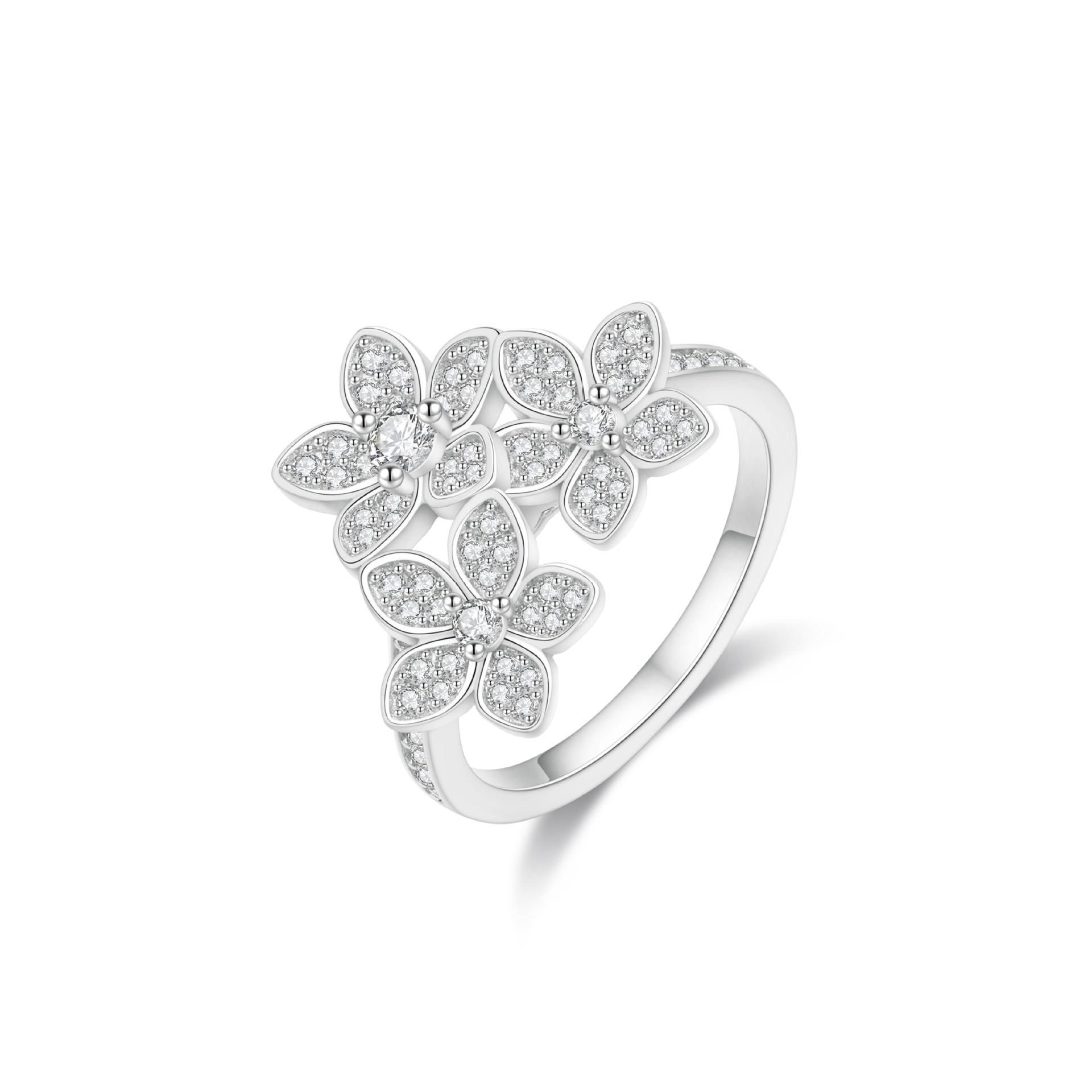 925 Silver Triple Floral Diamond Ring - Niche, High-End Wildflower Design Size 8