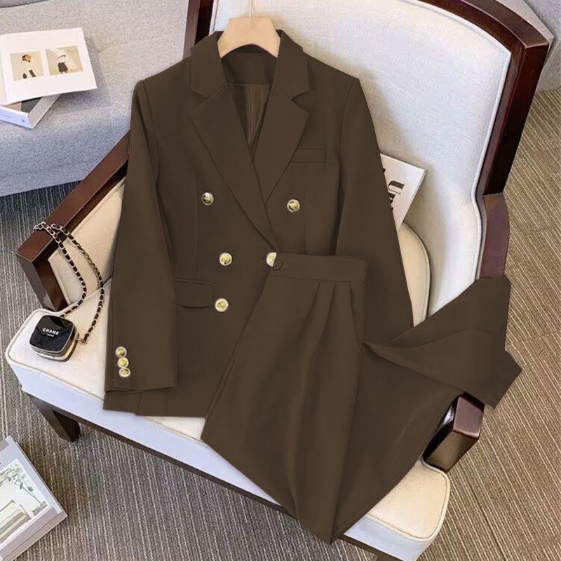 Women's Solid-Color Elegant Suit Set for Spring/Fall Youthful and Slimming Blazer + Relaxed-Fit Trousers Two-Piece Set