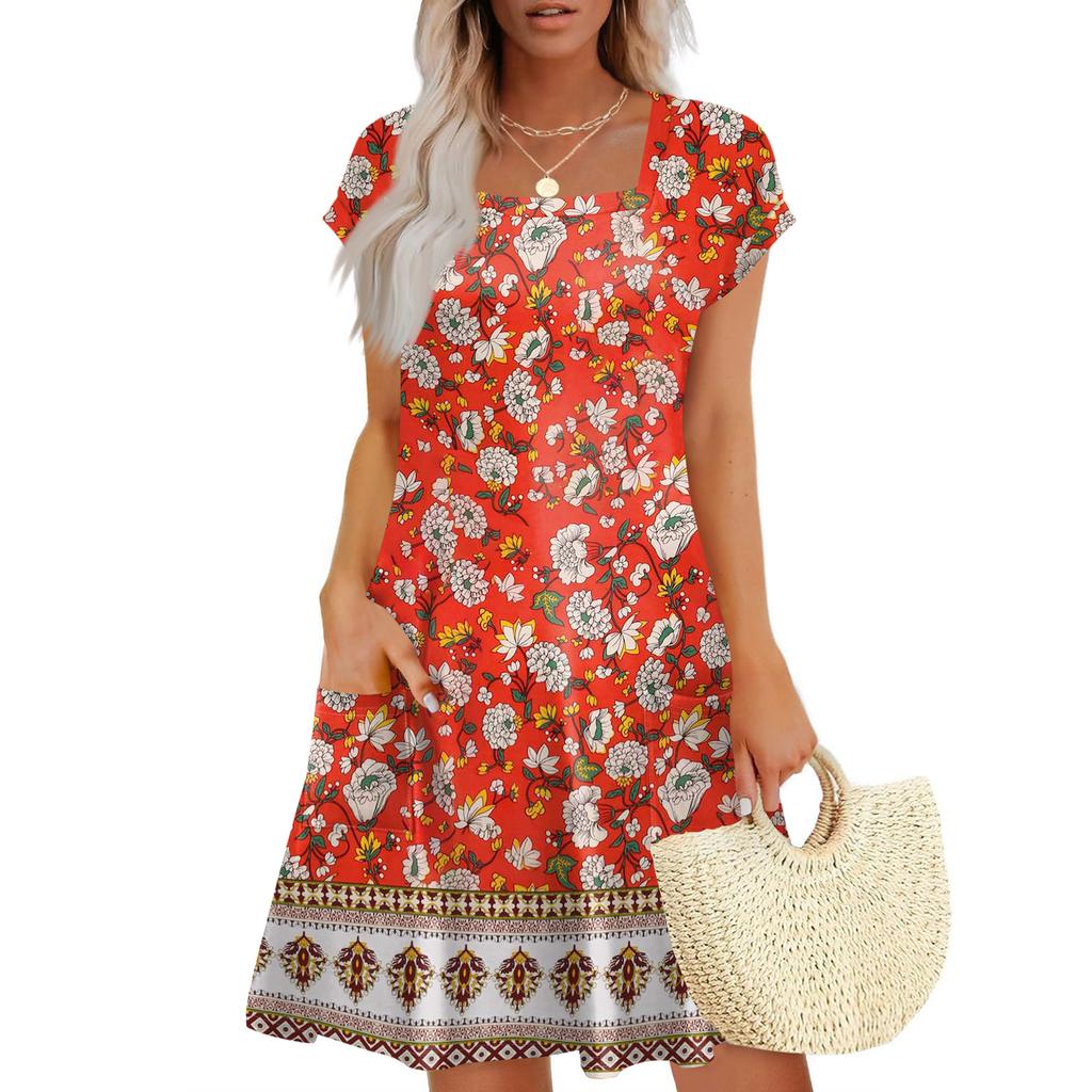 Summer Dresses For Women Loose Square Neck Cap Sleeve Casual Beach Vacation Tshirt Dress Sundresses With Pockets