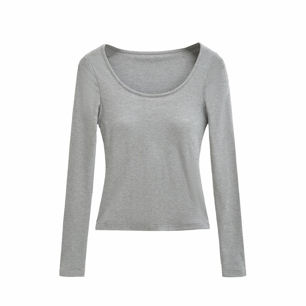 2025 Autumn/Winter Women's Sexy Slim-Fit Long-Sleeve T-Shirt with Built-in Bra and U-Neck
