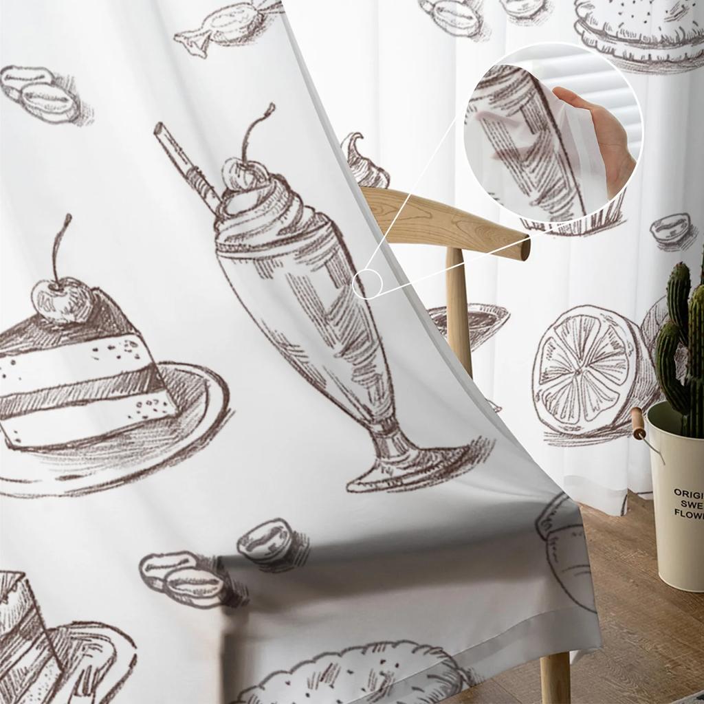 Afternoon Tea Cake Dessert White Curtain Living Room Home Kitchen Bedroom Window Decor Chiffon Tulle Voile Curtains With Light Filtering Polyester