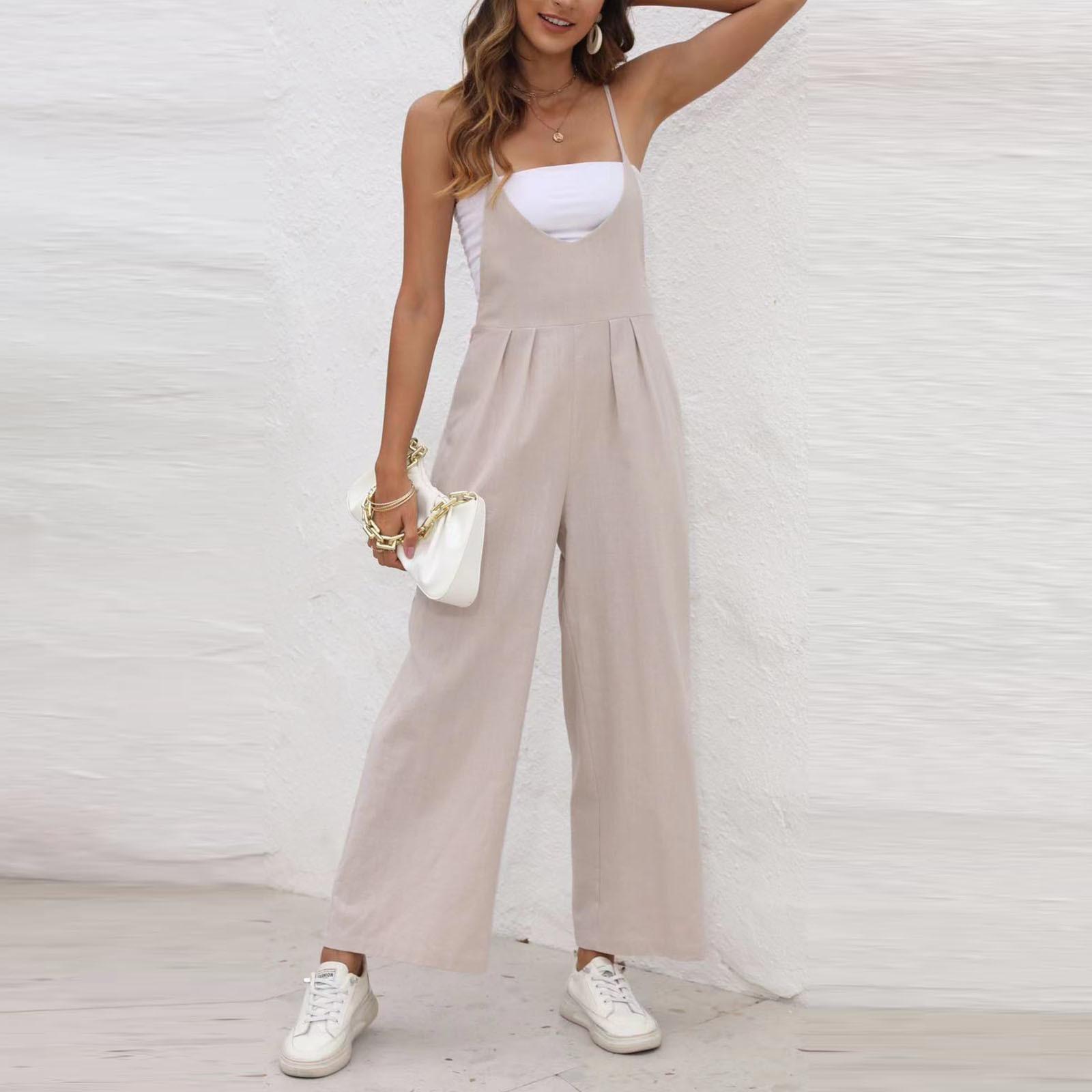 

Женские модные летние однотонные брюки без рукавов с v-образным вырезом, широкие брюки, комбинезон L хаки