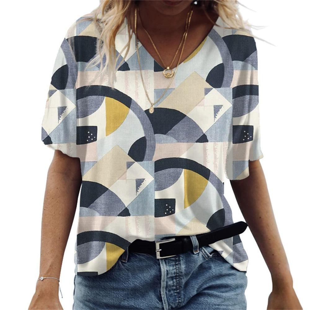 Fashion ladies V-neck elegant fashion short-sleeved T-shirt summer 3d printing top