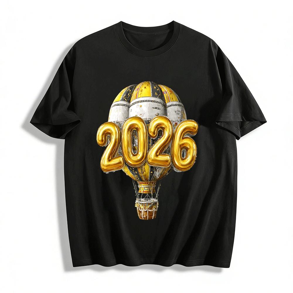 2026 New Year Hot Air Balloon Print Trendy Casual Loose Top Pure cotton T-shirt XXS