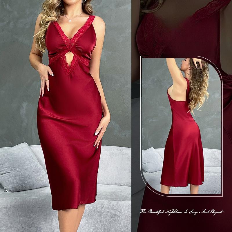 

Satin Deep V Cami Nightgown Lace Cutout Multi-Color Sexy Slim Fit Women s Loungewear 802 Daring Stylish Sleepwear with Flattering Cutout Details L