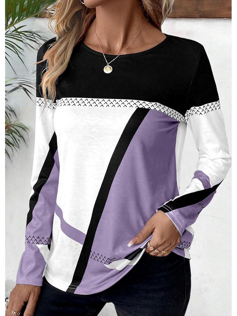 New Arrival Women's Pullover Round Neck Geometric Print Color Block T-shirt