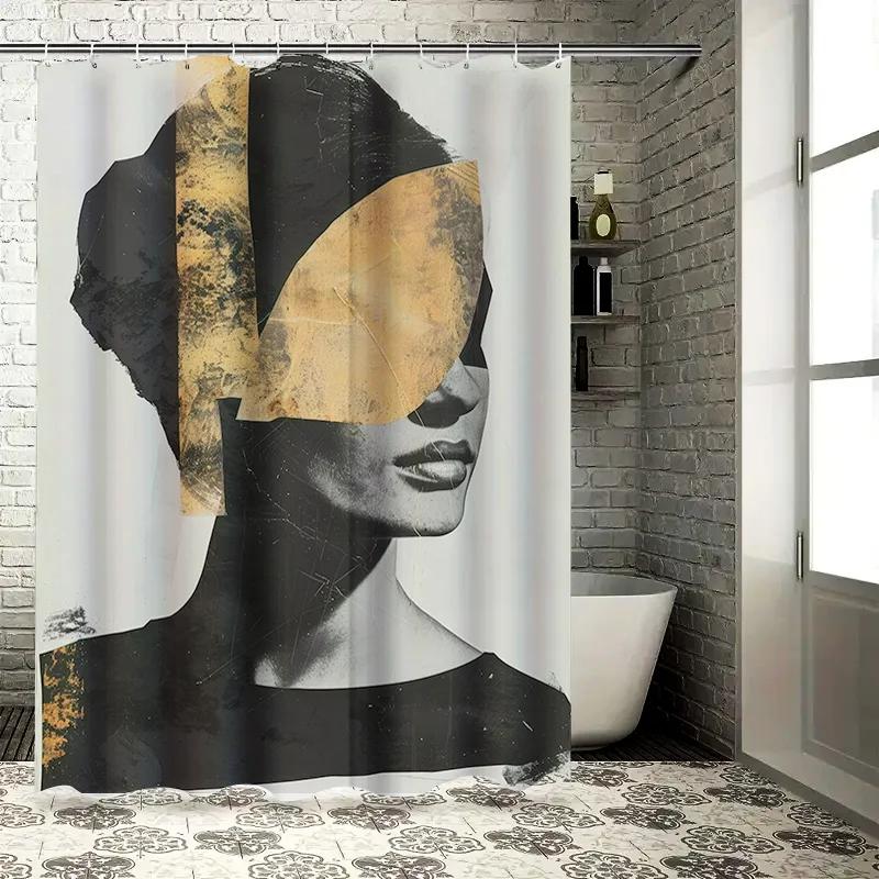 

Black Gold Vintage Style Bath Curtain Decorative Shower Curtain Set With Abstract Art Design For Bathroom Home Decoration 180 X W60H190(CM)-1 Pcs