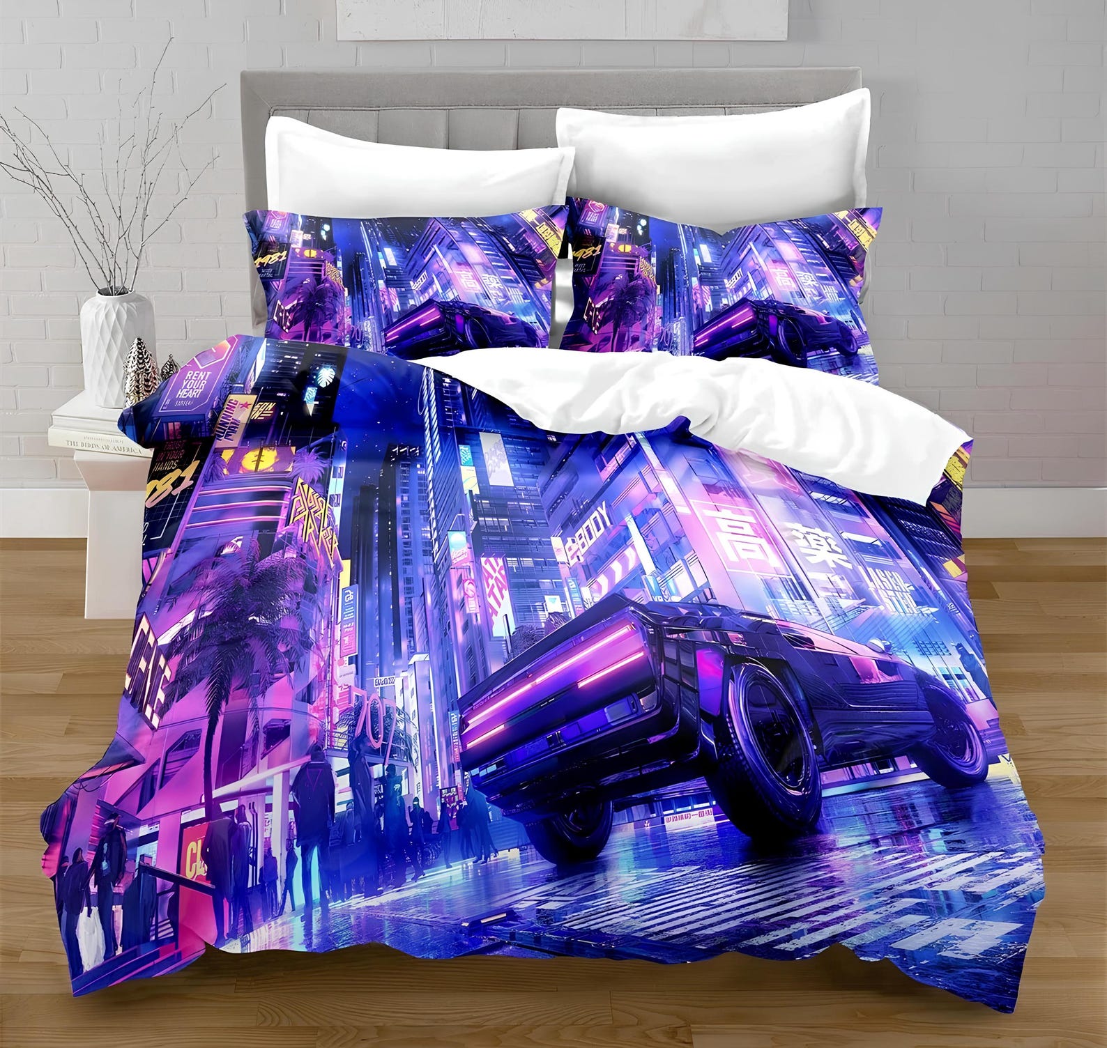 Cyberpunk City Duvet Cover Set: Custom Digital Print Bedding 135x200cm
