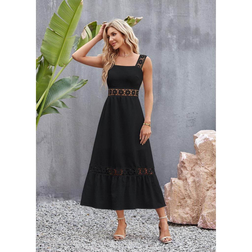 Dámská jarní/letní móda Jednobarevná dutá krajka seplétaný čtvercový výstřih s páskem bez rukávů plážové prázdninové šaty