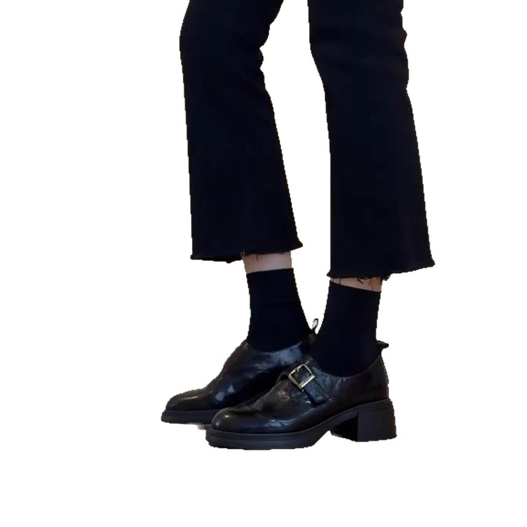 Sheepskin Version~ Retro Belt Buckle Deep Mouth Loafers Women's Simple Commuting Thick Heel One Pedal British Style Small Leather Shoes