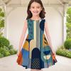 Girls Round Neck Sleeveless Geometric Printed A Line Flared Dress Blue Orange Beige