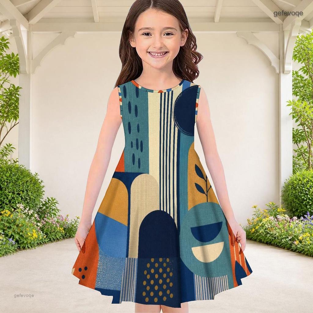 Girls Round Neck Sleeveless Geometric Printed A Line Flared Dress Blue Orange Beige