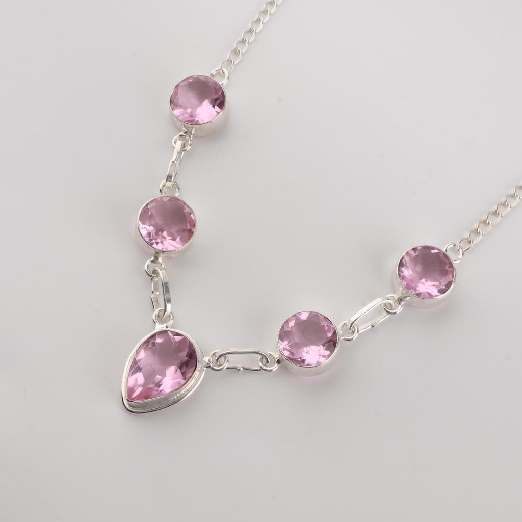 Morganite Gemstone 925 Sterling Silver Handcrafted Partywear Necklace 16-18" Gift For Anniversary RN-3-4