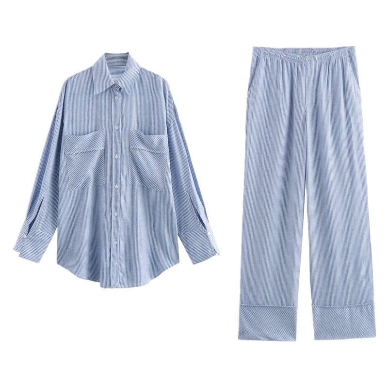 Fashion Style 2024 Summer New Women's Clothing Loose Long Sleeves All-Match Pocket Decoration Stripes Shirt 3232232